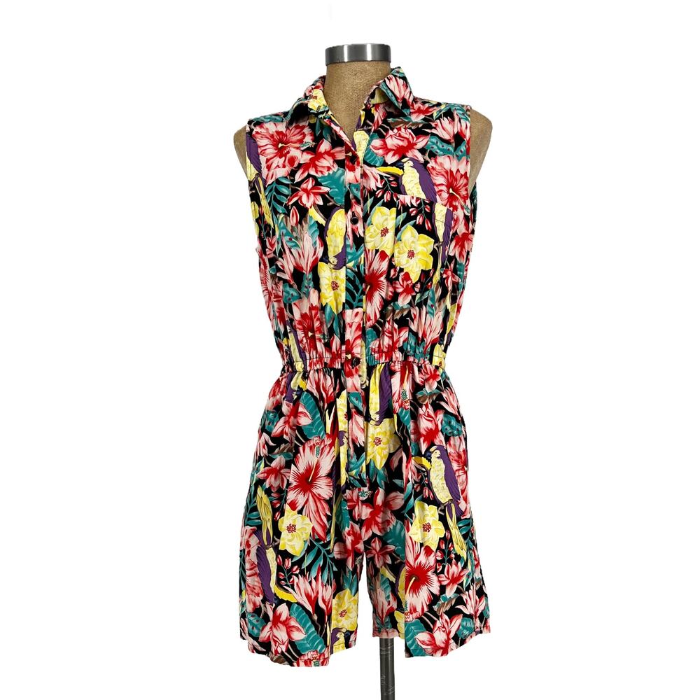 Vintage 80s/90s Gazebo Floral Tropical Print Cotton Romper Playsuit size XS/S